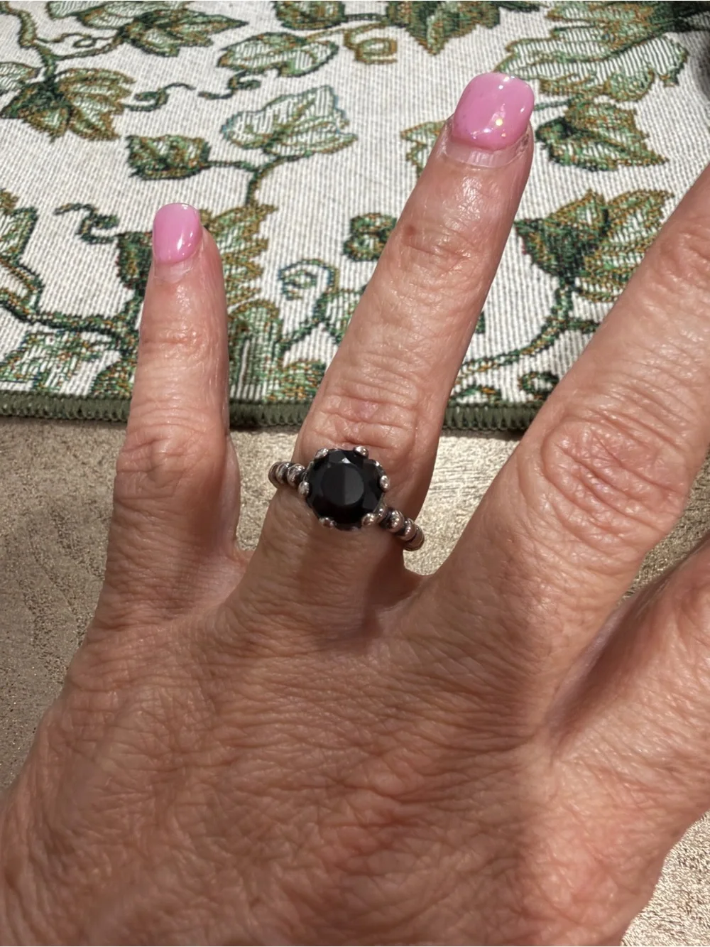 Pandora Black Faceted Stone Sterling Silver Beaded Ring